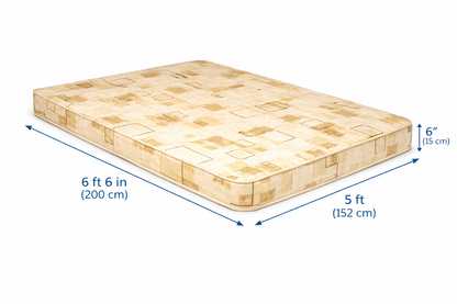 Beige budget mattress with dimensions labelled on a white background