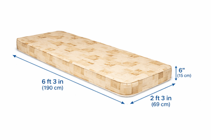 Beige budget mattress with measurements on a white background